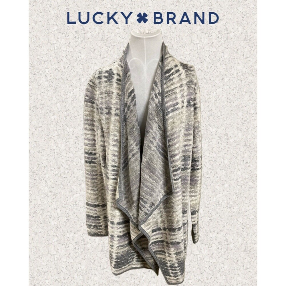 NWT $119 Lucky Brand Open Front Cardigan Duster Ivory & Gray Waterfall Style